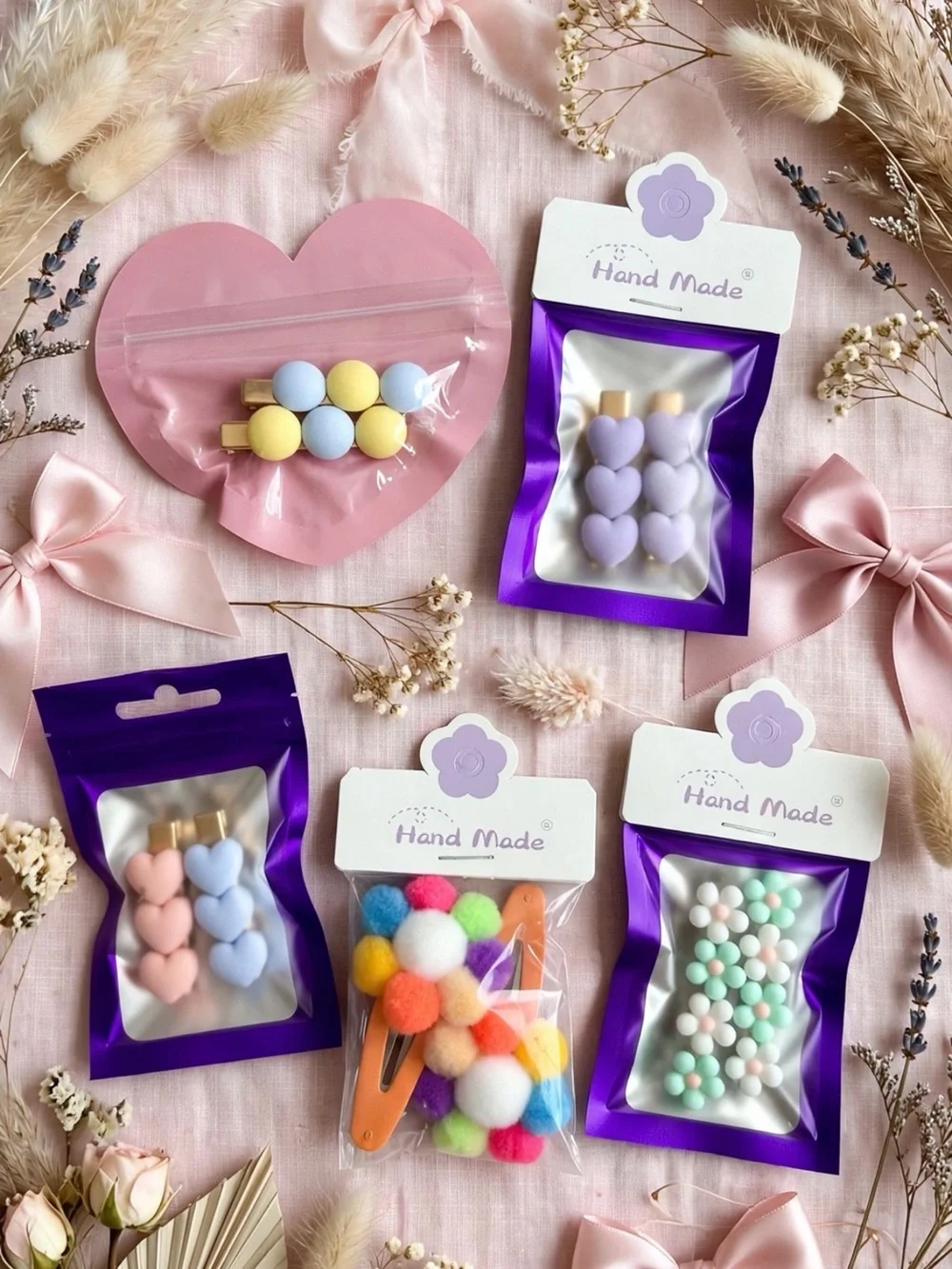 Hand Made Pastel Heart & Pom Hair Clips - Pink, Purple, Yellow, Mint, White